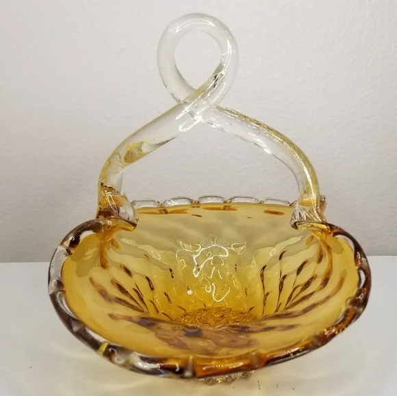 Murano Style Hand Blown Amber Glass Infused Gold Flake Loop Handle Basket - Picture 5 of 11
